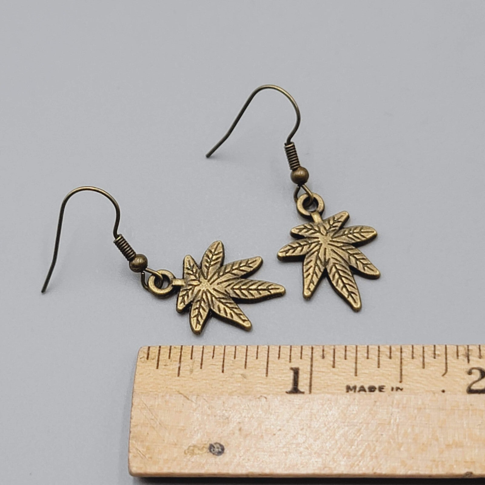 Marijuana Leaf Weed 420 Pierced Earrings Bronze tone Dangle 3/4"