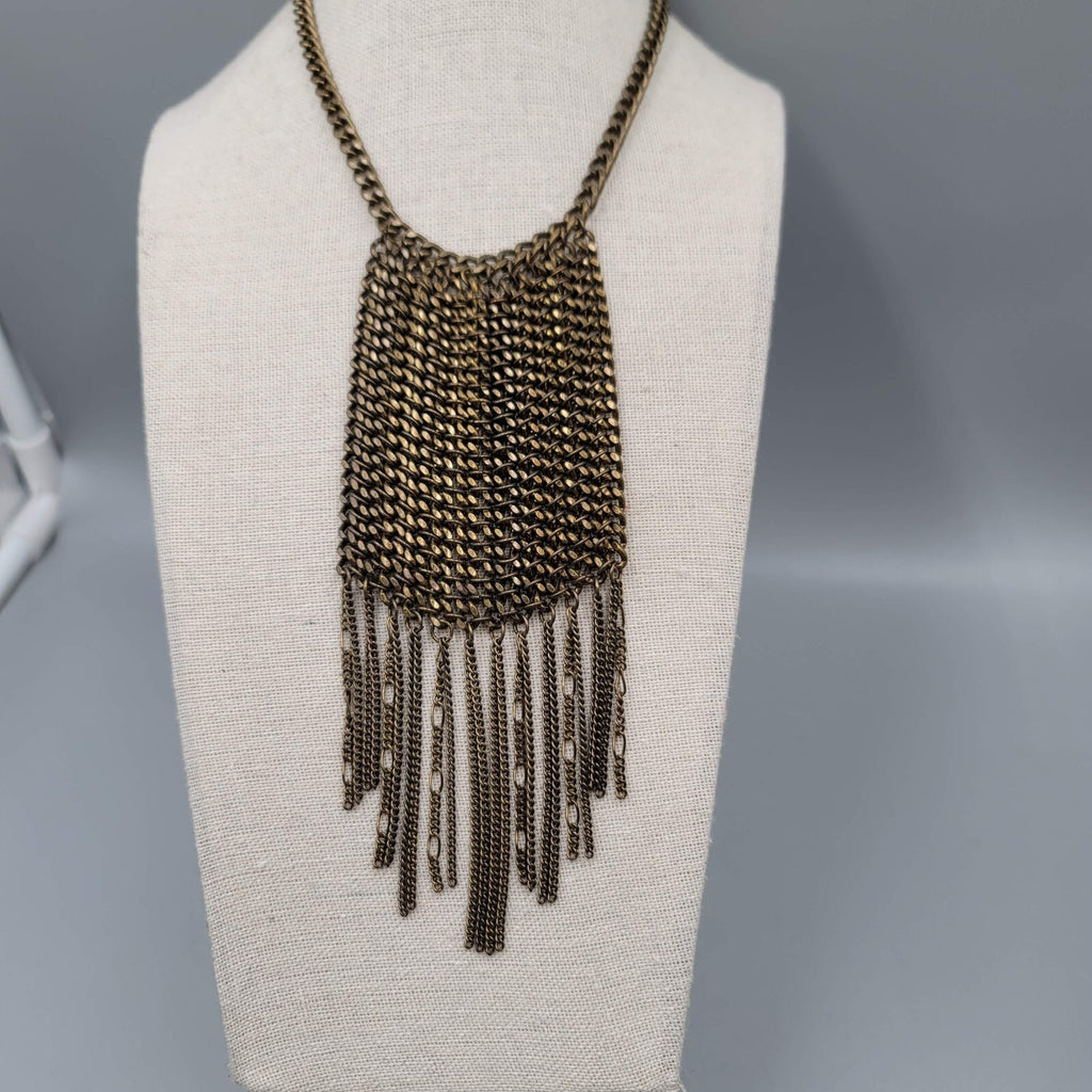 J Jill Necklace Bronze tone Chain Mail Look Tassel Statement Long 24"