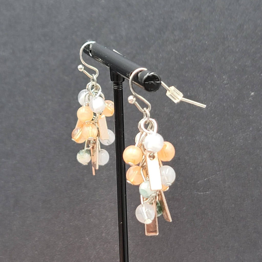 Pierced Earrings Silver tone Peach Gray Green Dangle Beads 1.25"