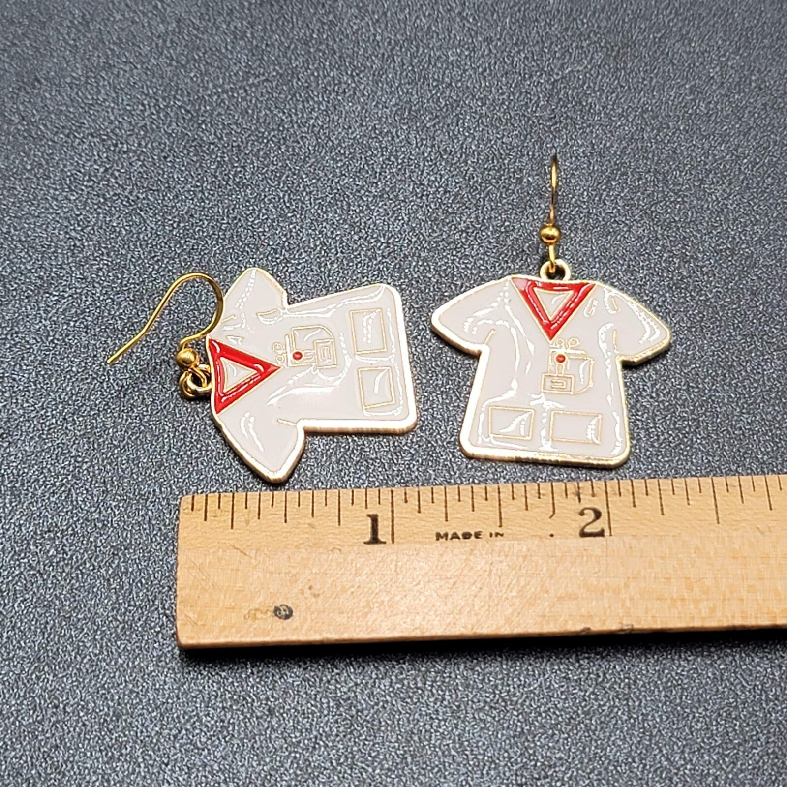 Nurse Scrub Top Pierced Earrings Red White Enamel Gold tone Dangle 1"