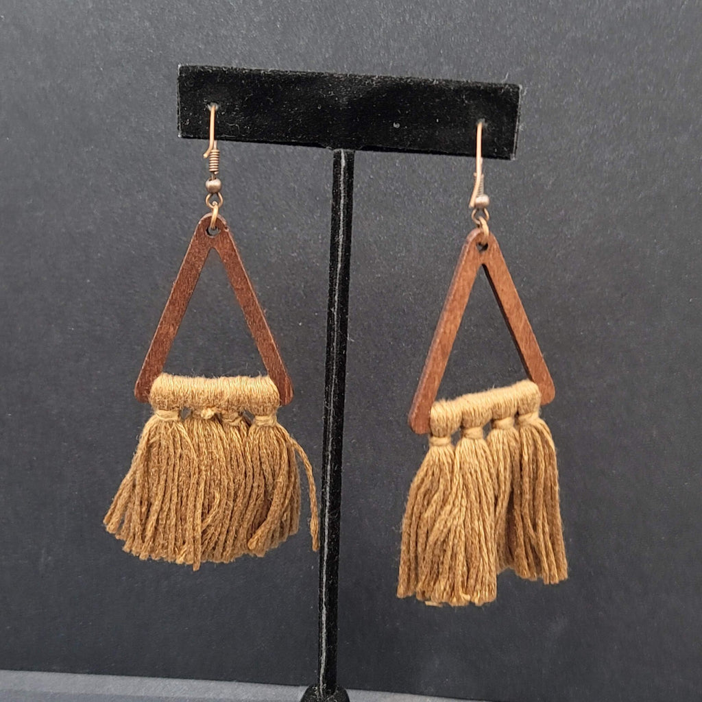 New Boho Pierced Earrings Wood Triangle Gold Brown Tassel Statement 3"