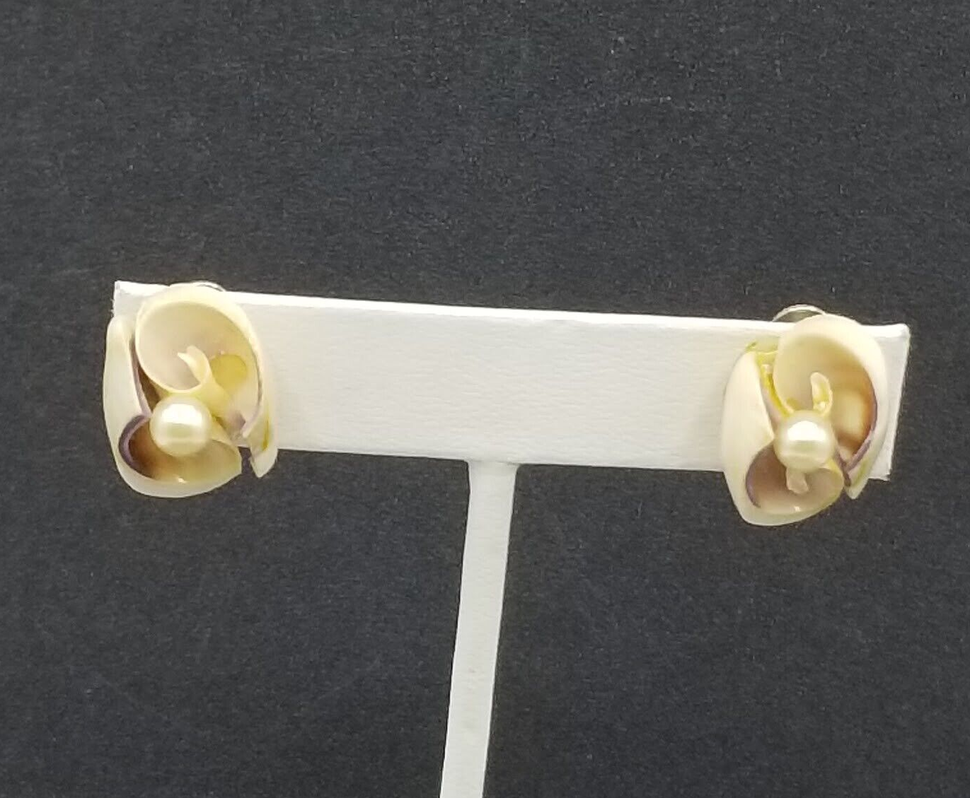 Vintage Clip On Earrings Cut Shell and Faux Pearl Screw Back Stud 3/4"