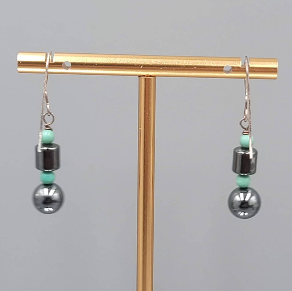 Hematite Bead Pierced Earrings Silver tone Dangle 1 in