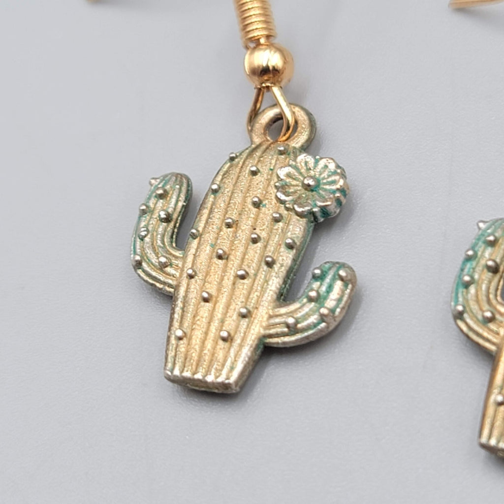 Saguaro Cactus Pierced Earrings Gold tone Dangle 3/4"
