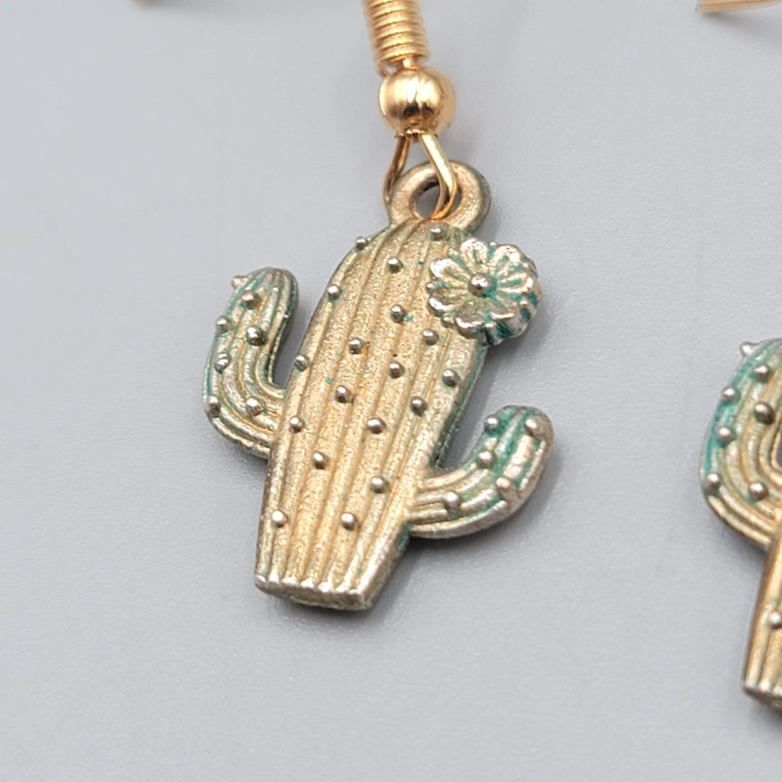 Saguaro Cactus Pierced Earrings Gold tone Dangle 3/4"