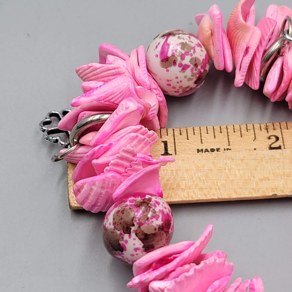 Hot Pink Shell Bracelet Silver tone Charms Elastic Statement 7.5"