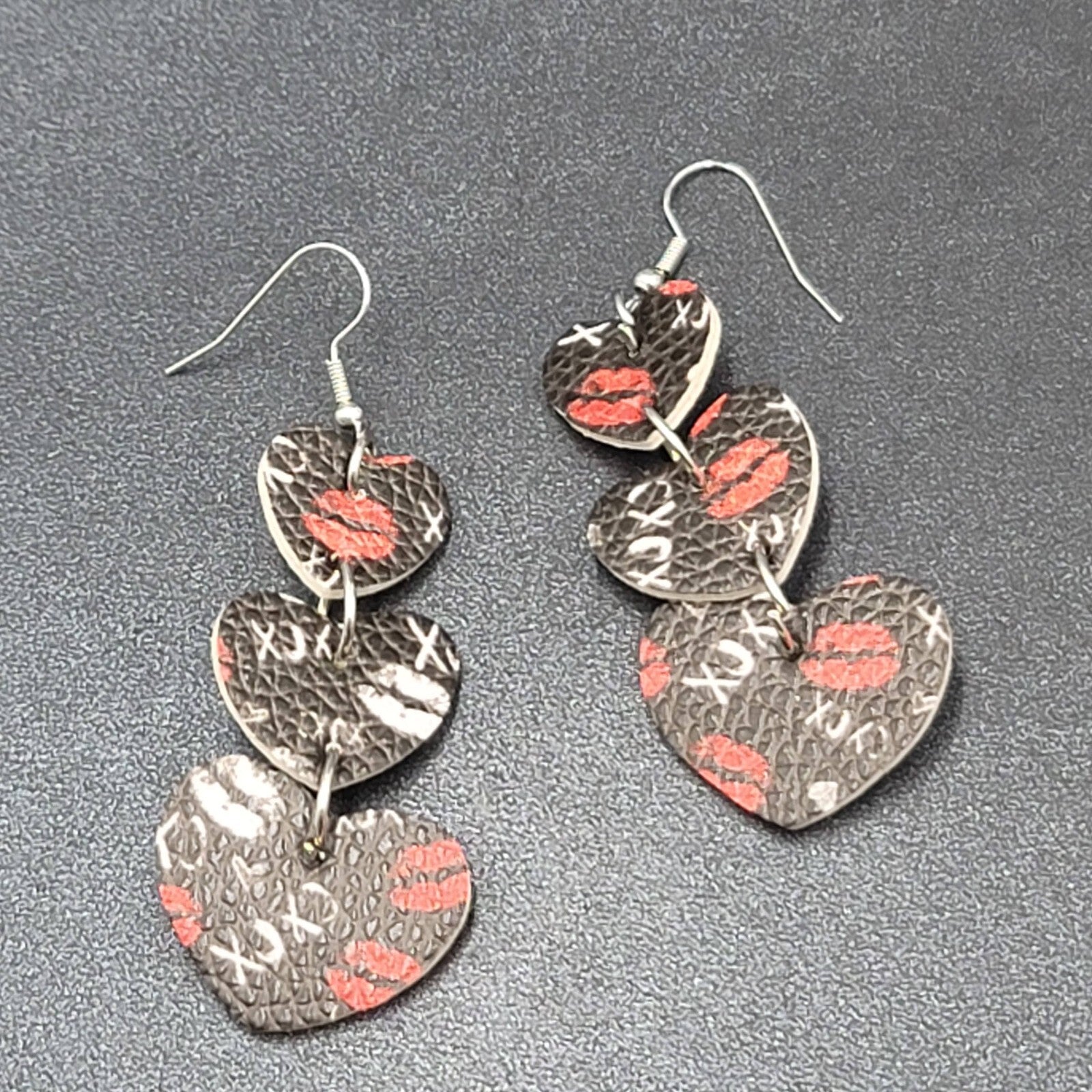 Pierced Earrings Black Faux Leather Kisses Hearts Silver tone Dangle 2.25"