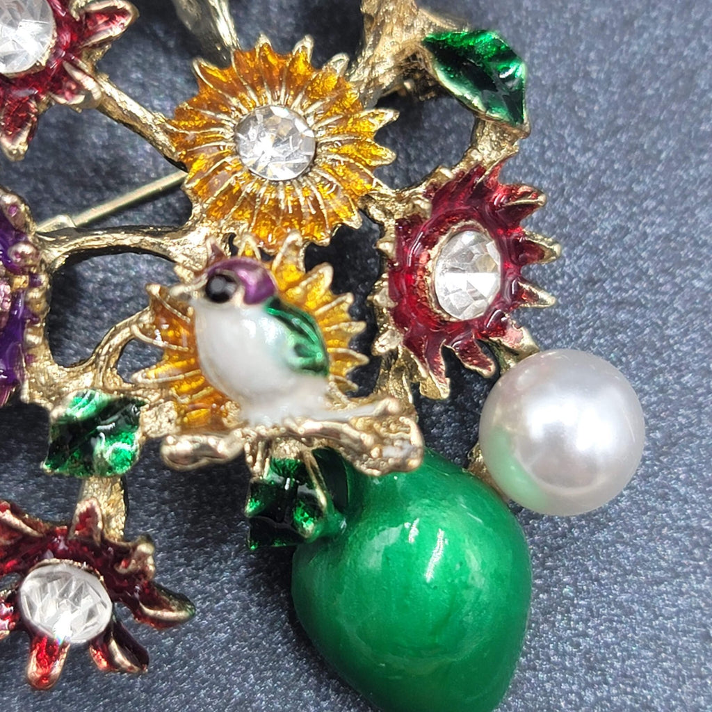 Crystal Rhinestone Flower Bouquet Brooch Pendant Green Enamel Multicolor 2.25"