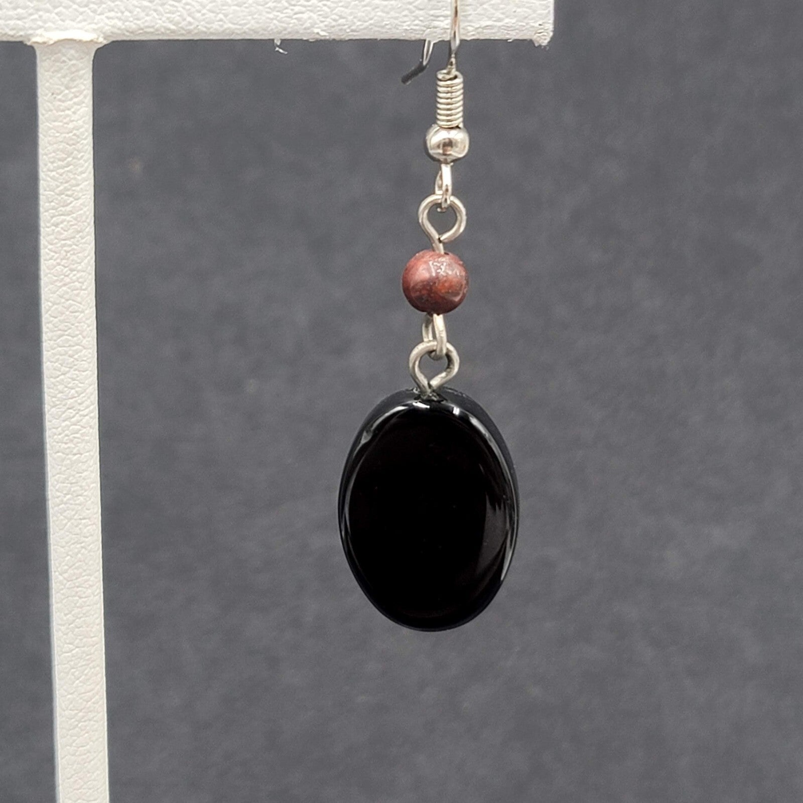 Pierced Earrings Silver tone Black Glass Oval Bead Dangle 1.25"
