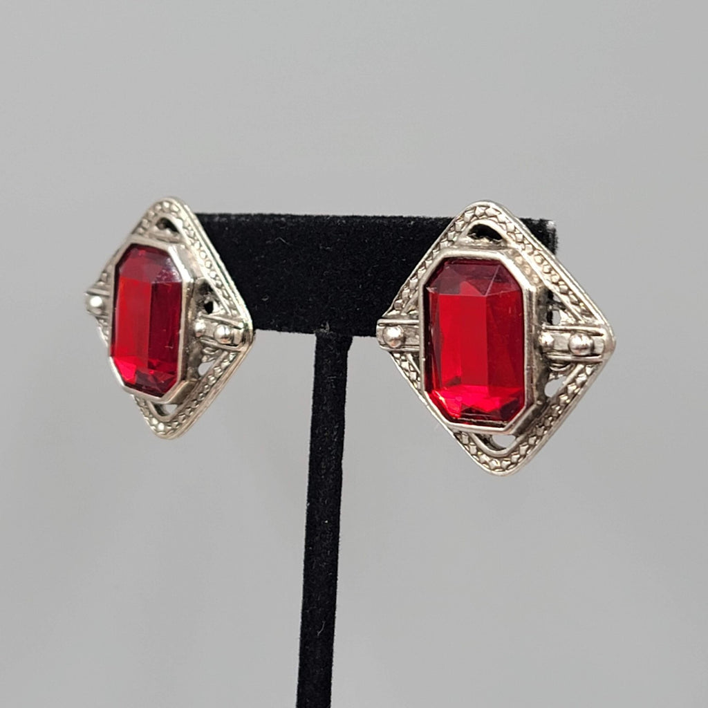 Vintage Pierced Earrings Silver tone Red Center Drop Statement 1.25"