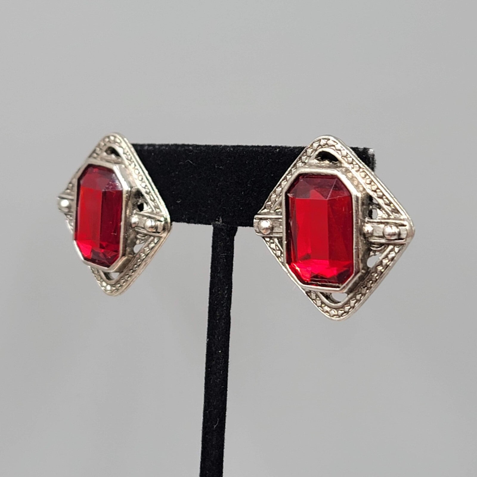 Vintage Pierced Earrings Silver tone Red Center Drop Statement 1.25"