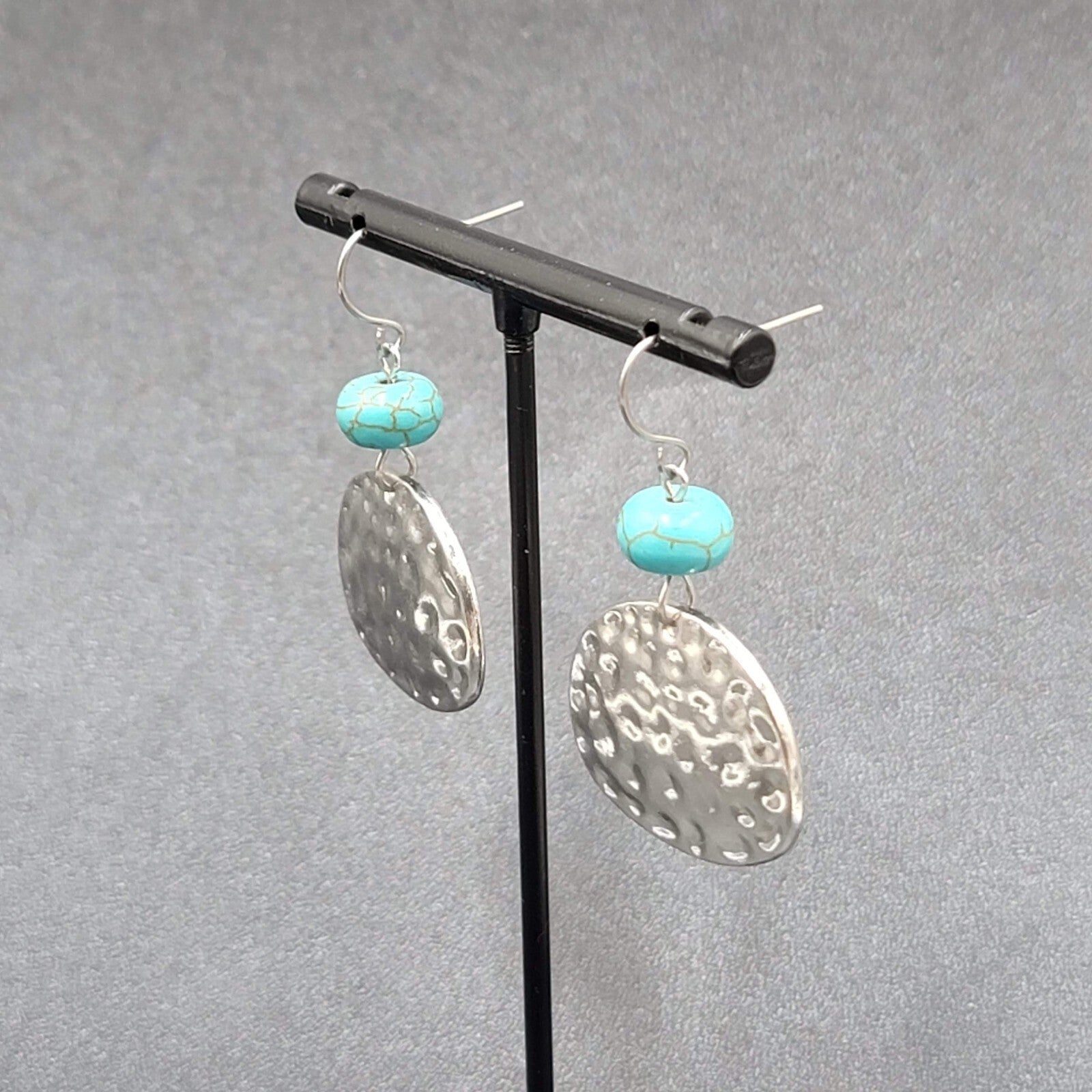 Pierced Earrings Hammered Silver tone Blue Howlite Stone Dangle  1.25"