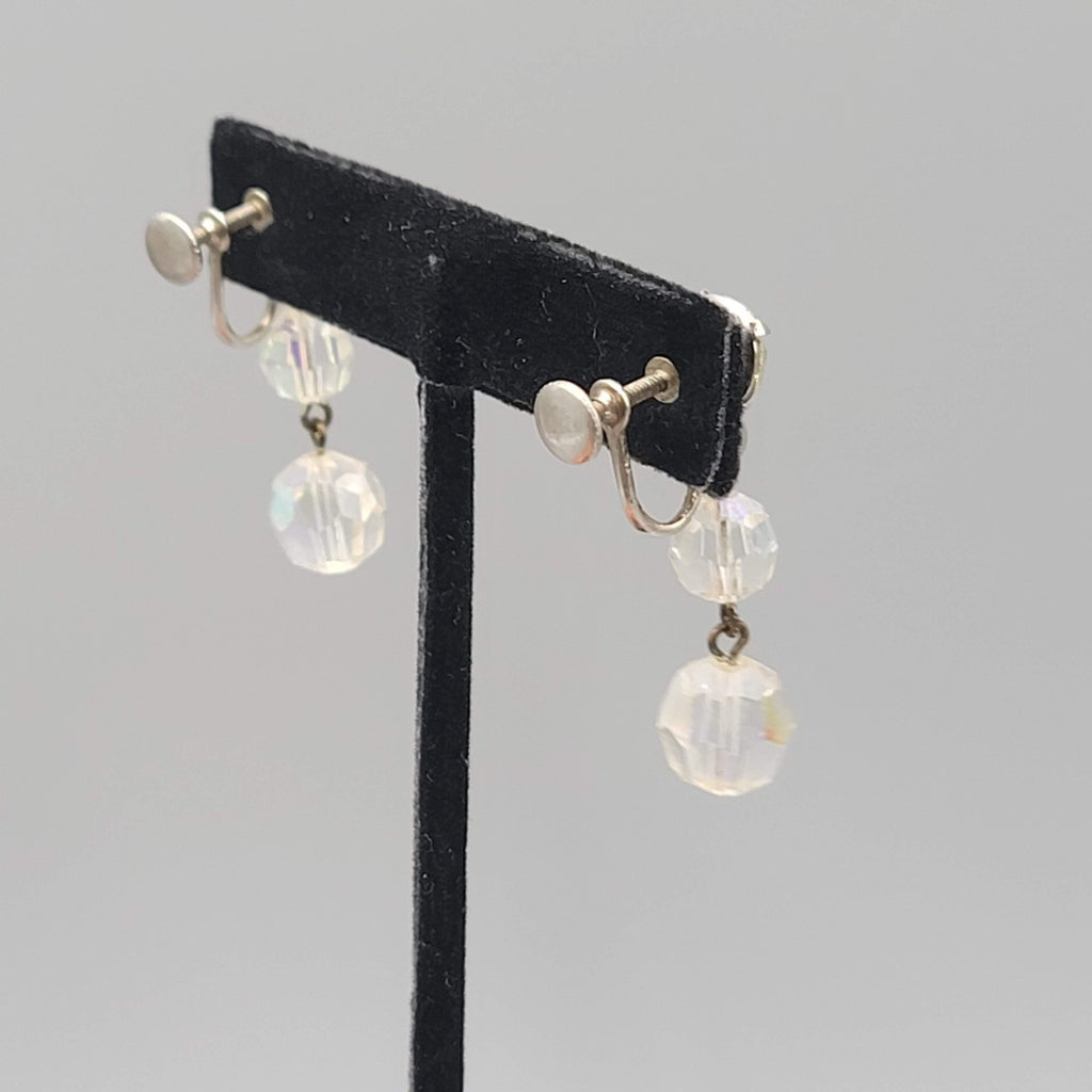 Vintage AB Beads  Clip on Earrings Silver tone Dangle  1.5"