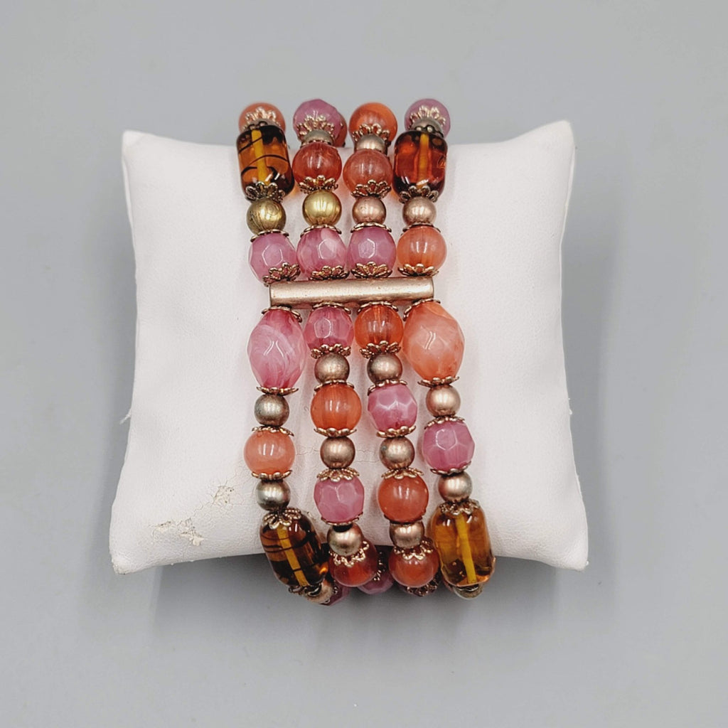 Liz Claiborne Glass Bead Bracelet Pink Orange Elastic Triple Strand 7"
