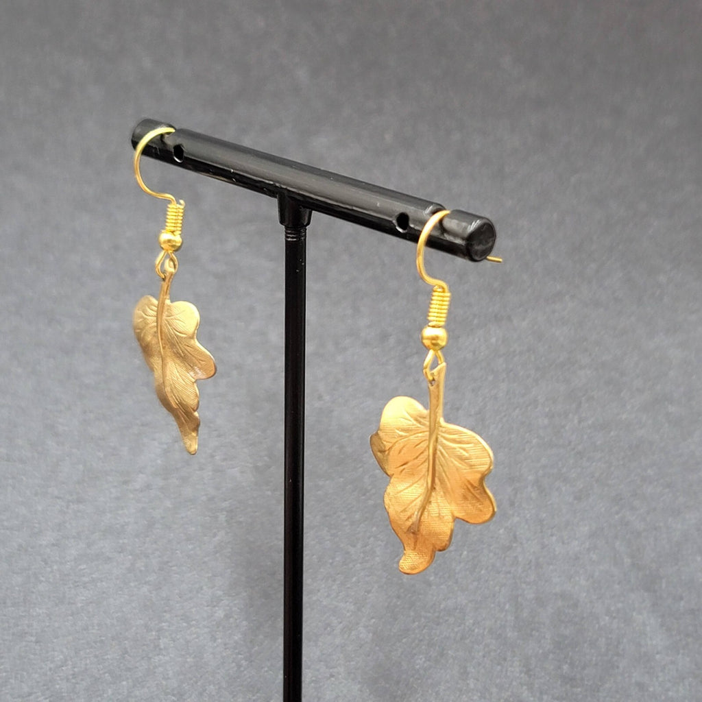 Pierced Earrings Brushed Gold Plated Dangle Detailed Leaves 1 1/8"