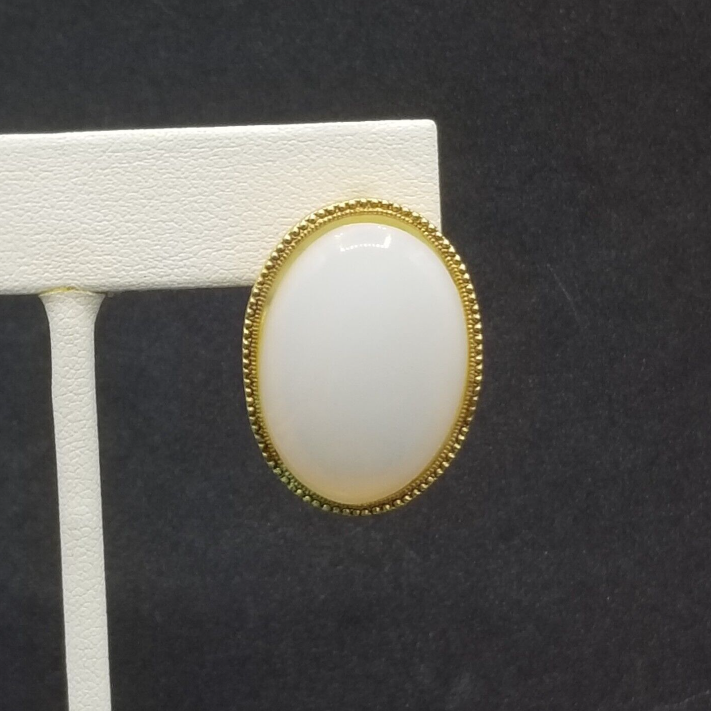 Pierced Earrings Gold tone White Glass Cabochon Drop 1 1/8"