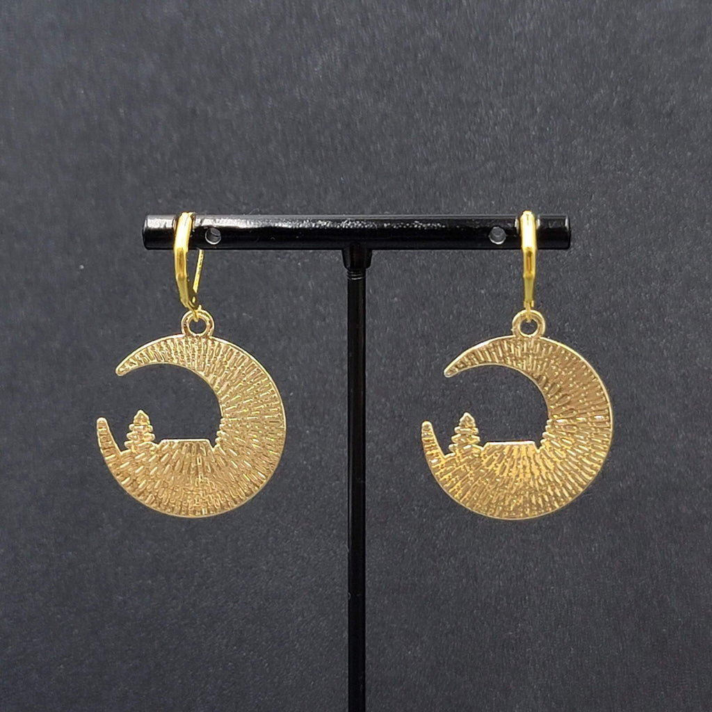 New Camping Scene Pierced Earrings Gold tone Enamel Dangle Moon Tent 1.25" FS