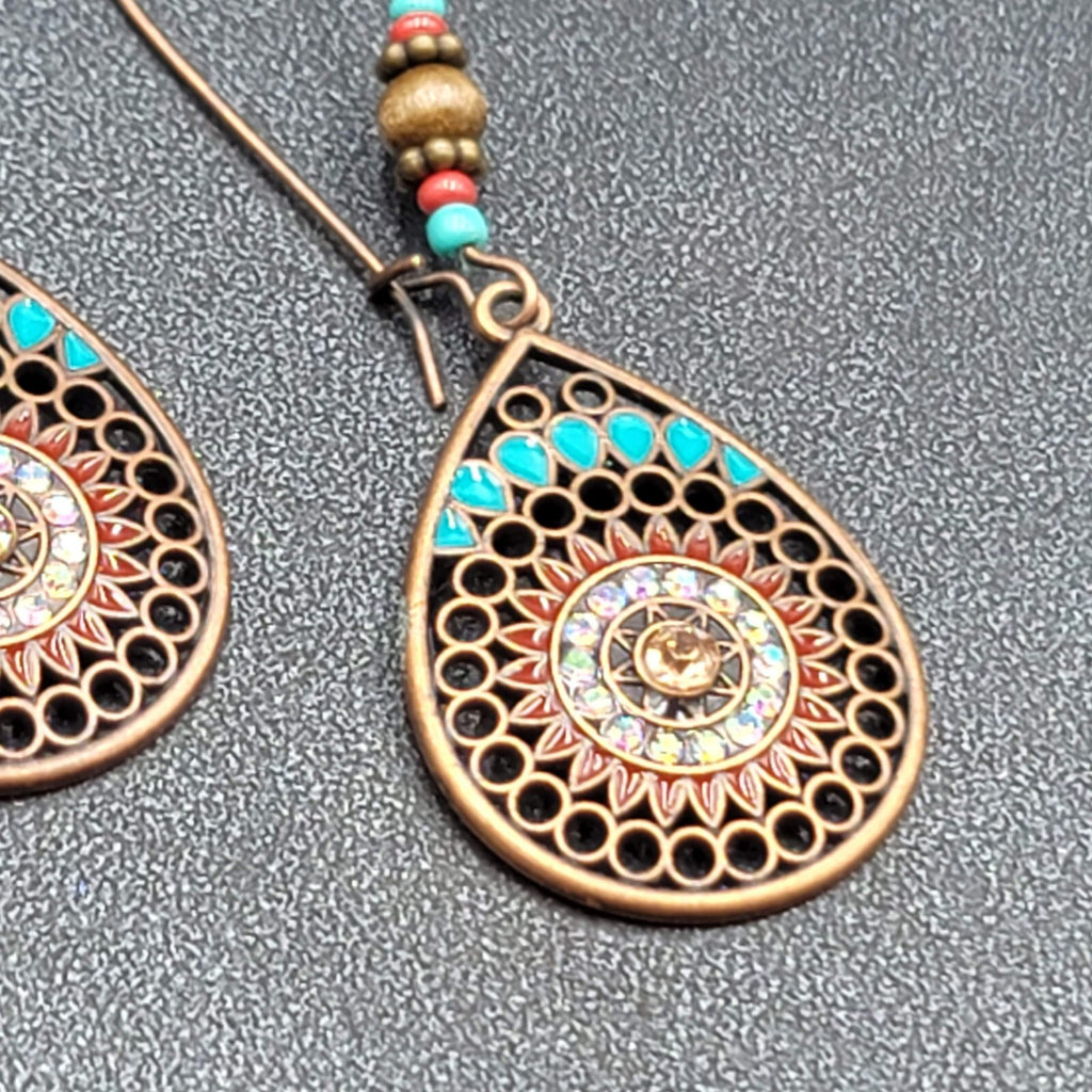 New Boho Pierced Earrings Copper tone AB Crystal Beaded 2 5/8"