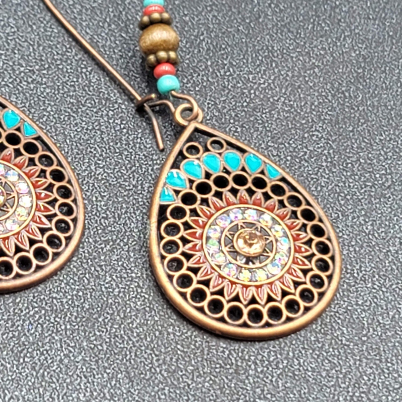 New Boho Pierced Earrings Copper tone AB Crystal Beaded 2 5/8"
