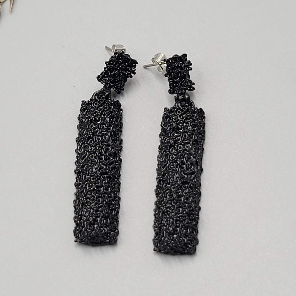 Pierced Earrings Black Enamel Rhinestone Dangle 2"