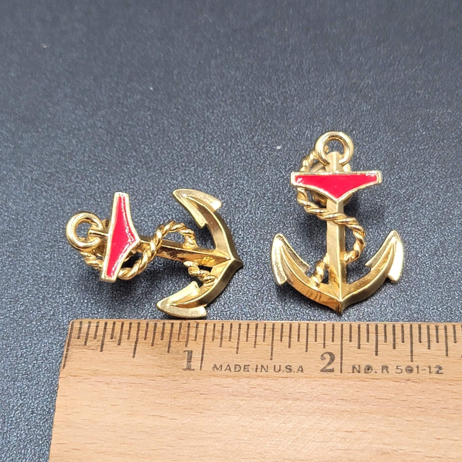 Vintage Pierced Earrings Enamel Anchor Nautical Gold tone 1.25"