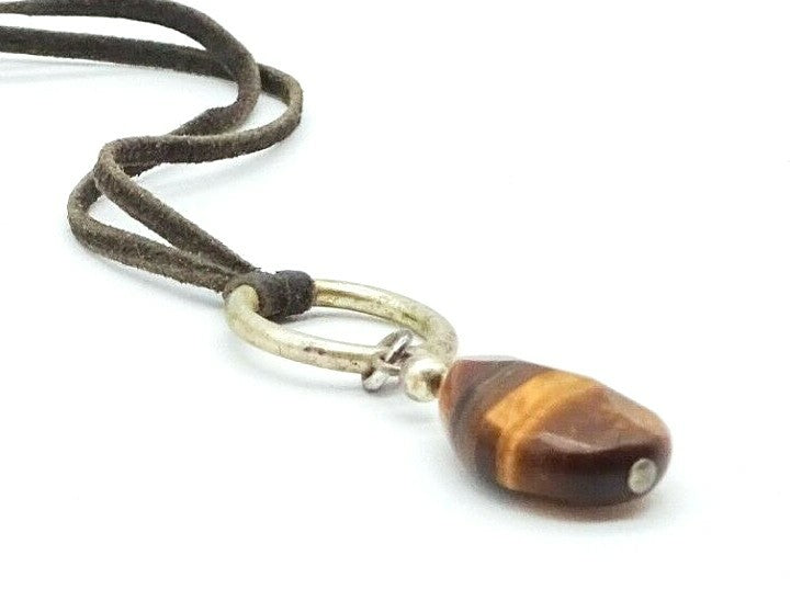 Signed NYGARD Tigers Eye Stone Pendant Necklace Suede Leather Cord 18" - 20"