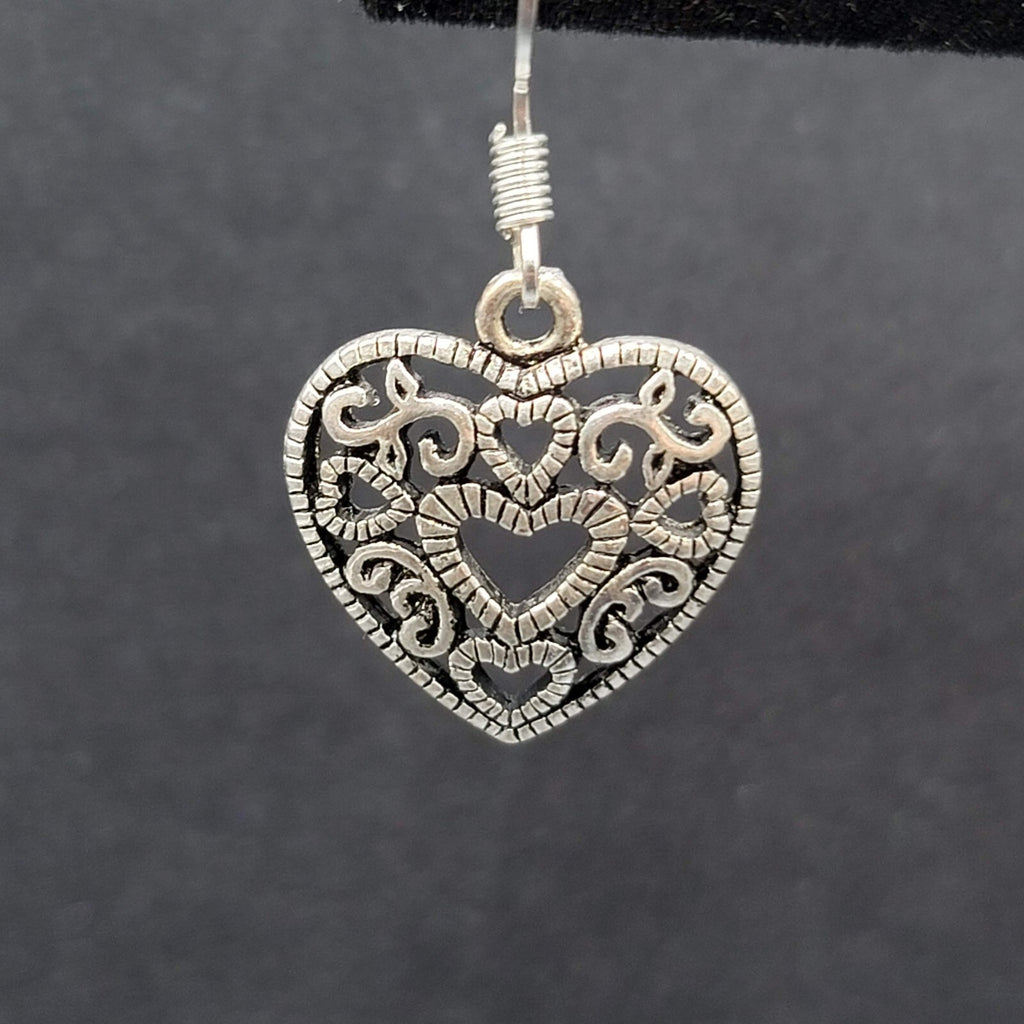 Heart Pierced Earrings Open Work Silver tone Dangle 3/4"