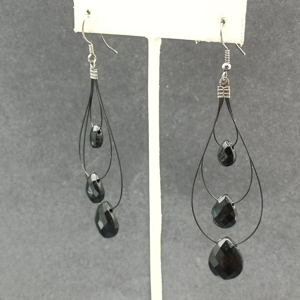 Pierced Earrings Black Plastic Loop Faceted Acrylic Teardrop Bead Dangle 2 3/4"