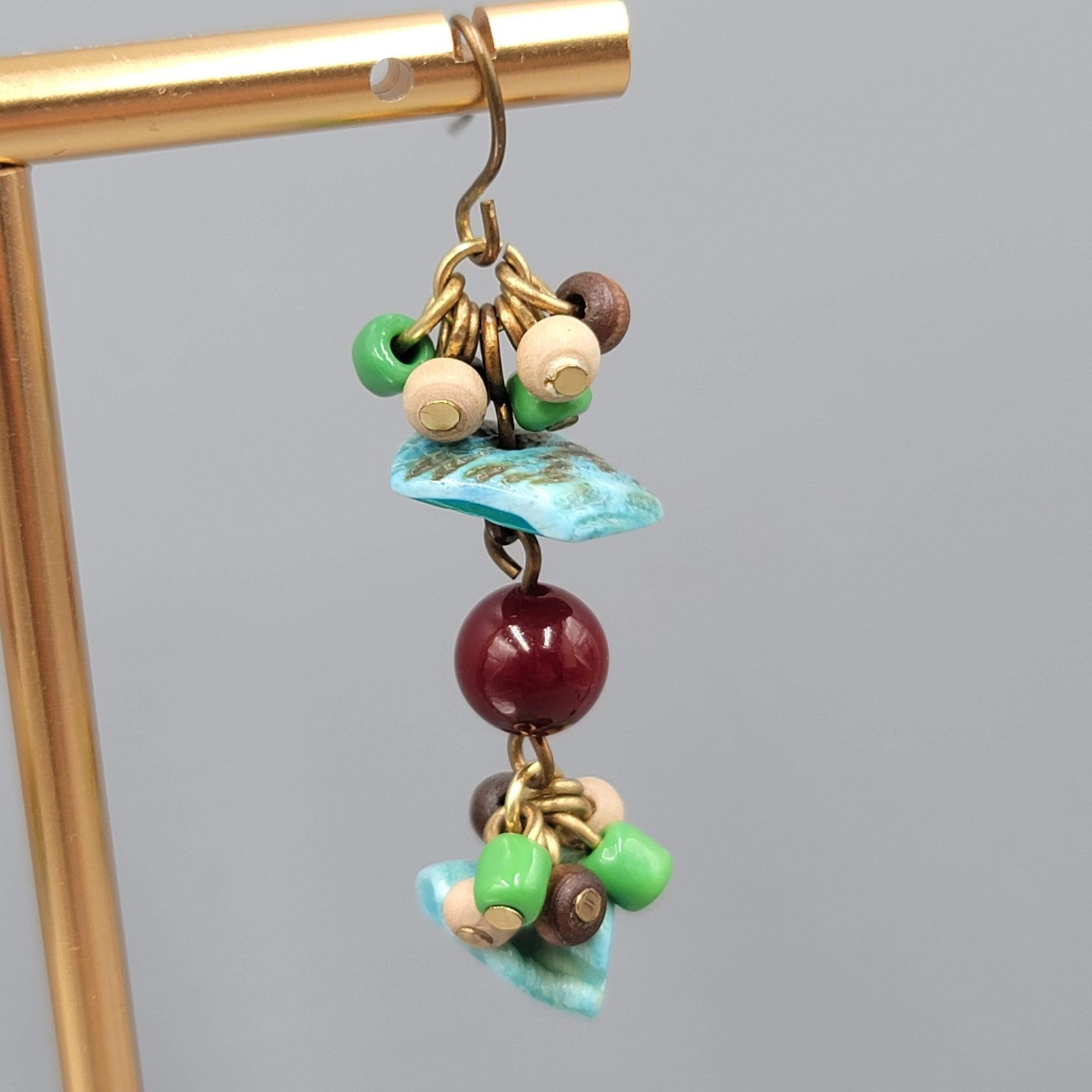 Real Shell Wood Glass Bead Pierced Earrings Silver tone Dangle 1.75"