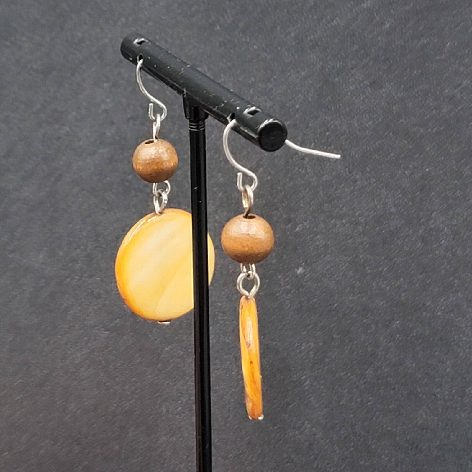 Pierced Earrings Silver tone Wood Bead Brown Round Shell Dangle 1.5"