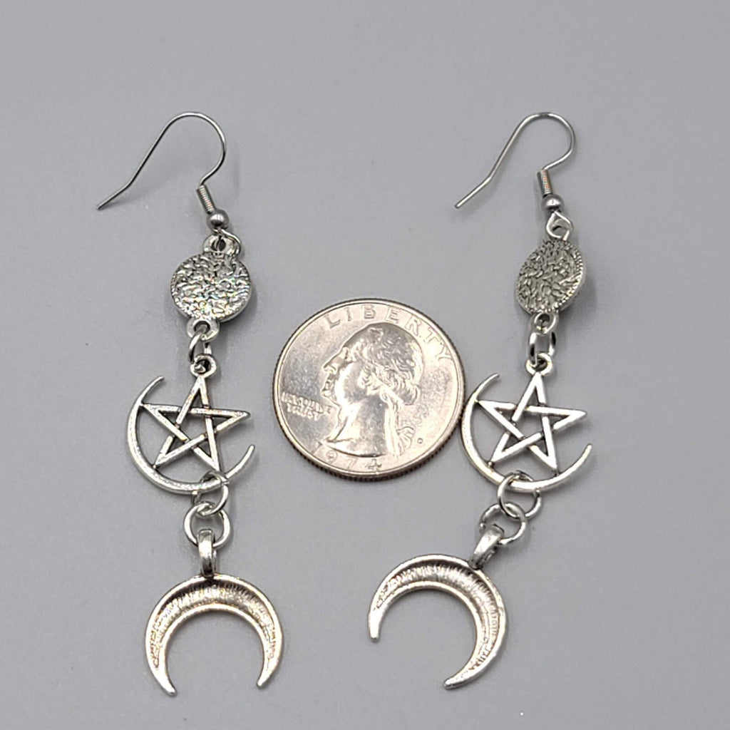 Pentagram Moon Pierced Earrings Black Accent Silver tone Long Dangle 2.5"
