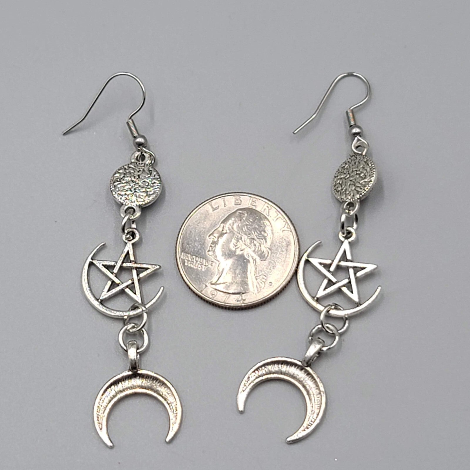 Pentagram Moon Pierced Earrings Black Accent Silver tone Long Dangle 2.5"