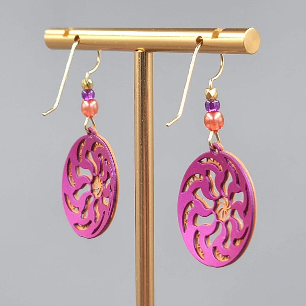 Laser Cut Metal Pierced Earrings Orange Purple Dangle 1"