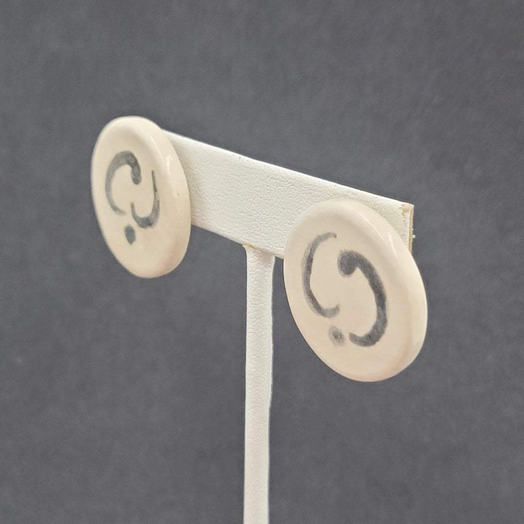 Vintage Pierced Earrings White Clay Hand Painted Black Accent Drop 1"