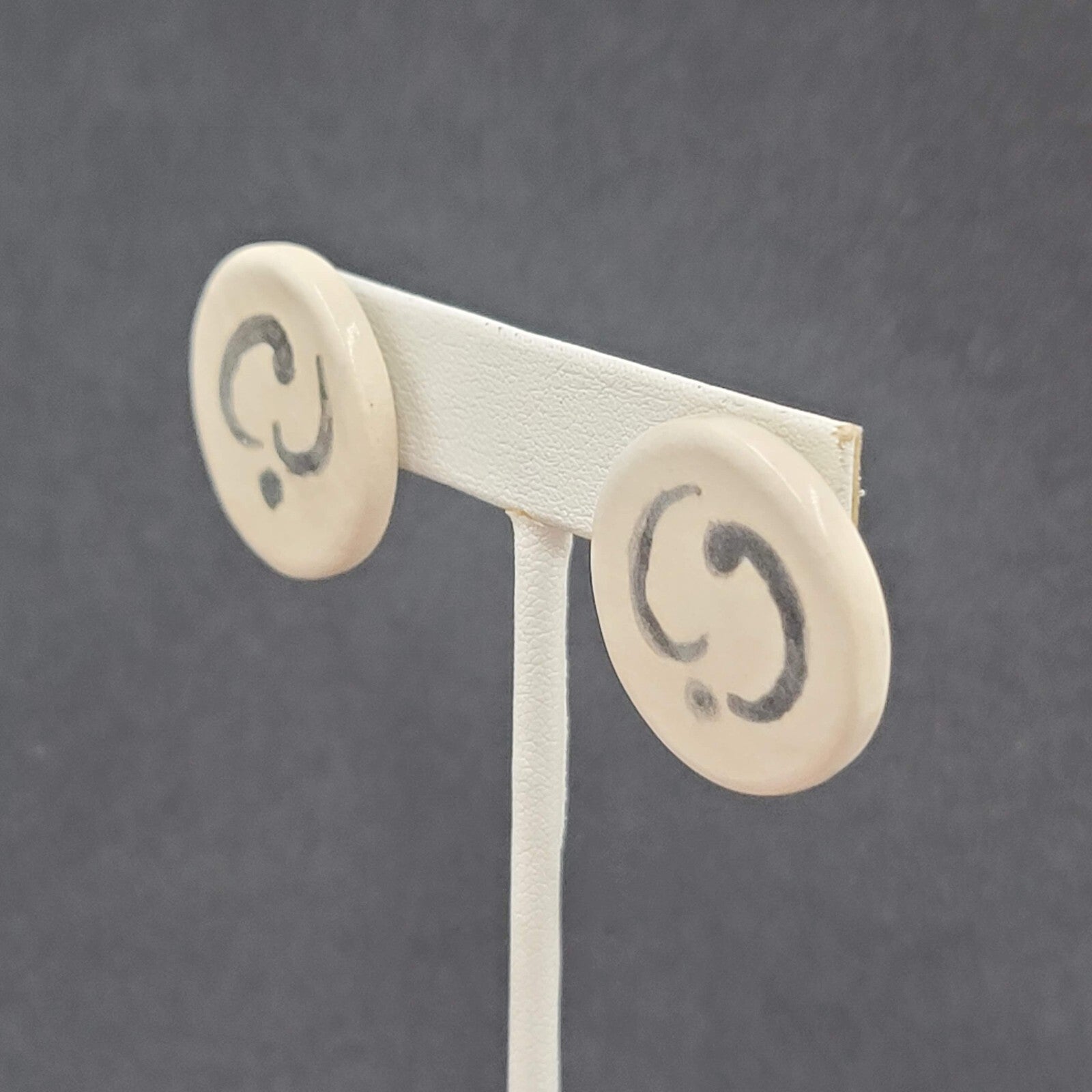 Vintage Pierced Earrings White Clay Hand Painted Black Accent Drop 1"