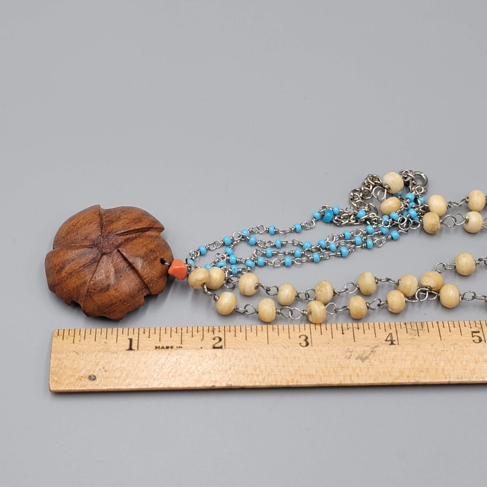 Boho Wood Rose Pendant Necklace Silver tone Double Glass Bead Chains 14"-17"