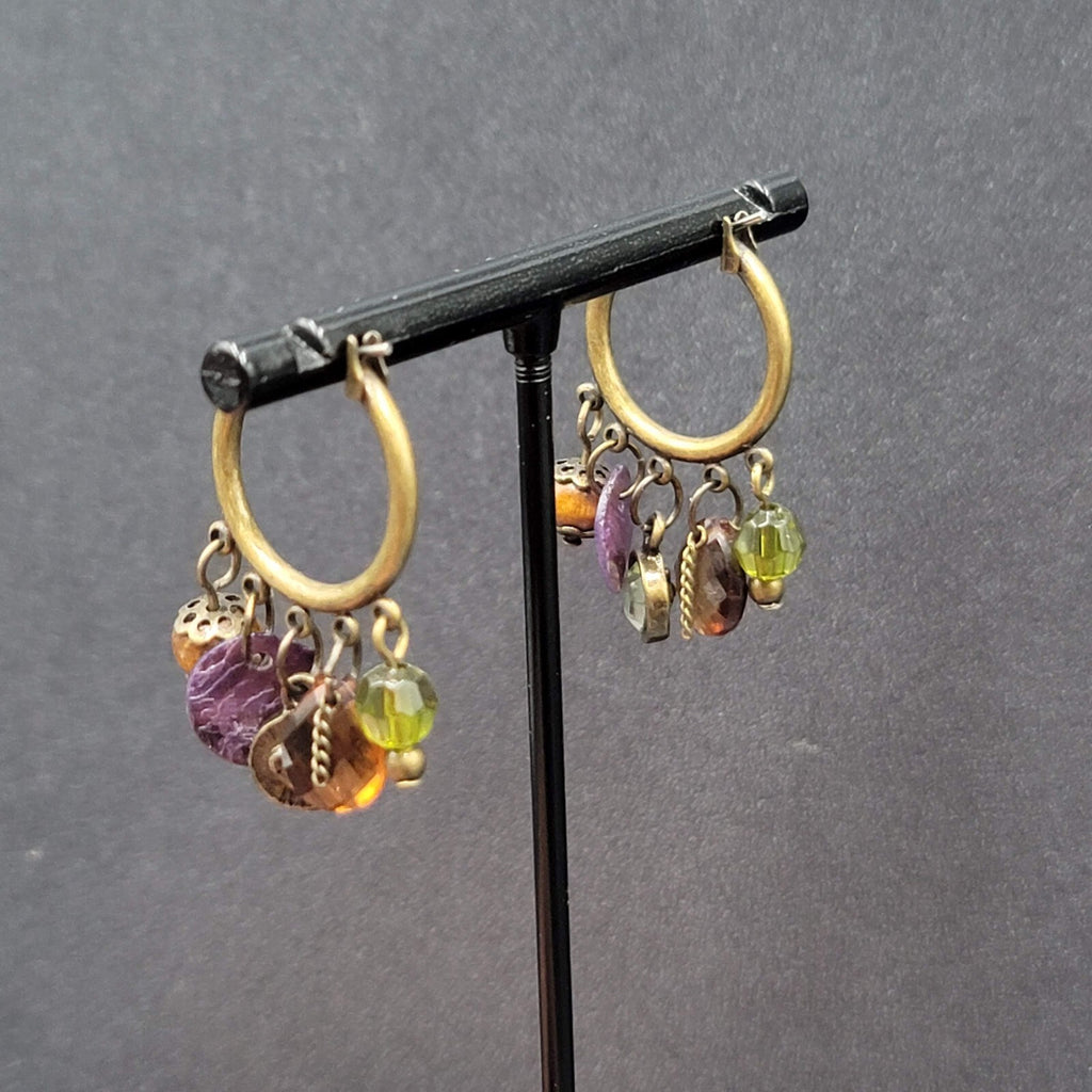 Pierced Earrings Green tone Green Orange Purple Beads Hoops 1.25"