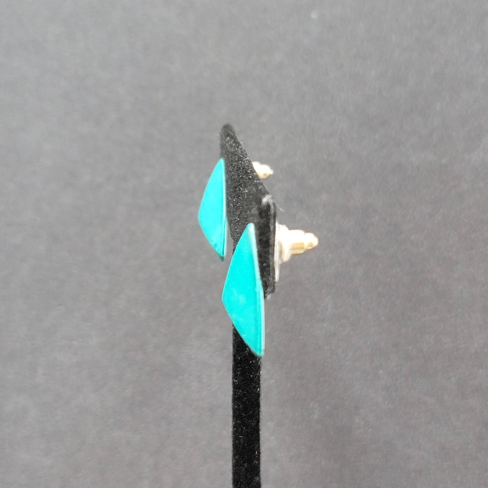 Vintage Pierced Earrings Teal Enamel over Metal Triangle Studs 3/4"