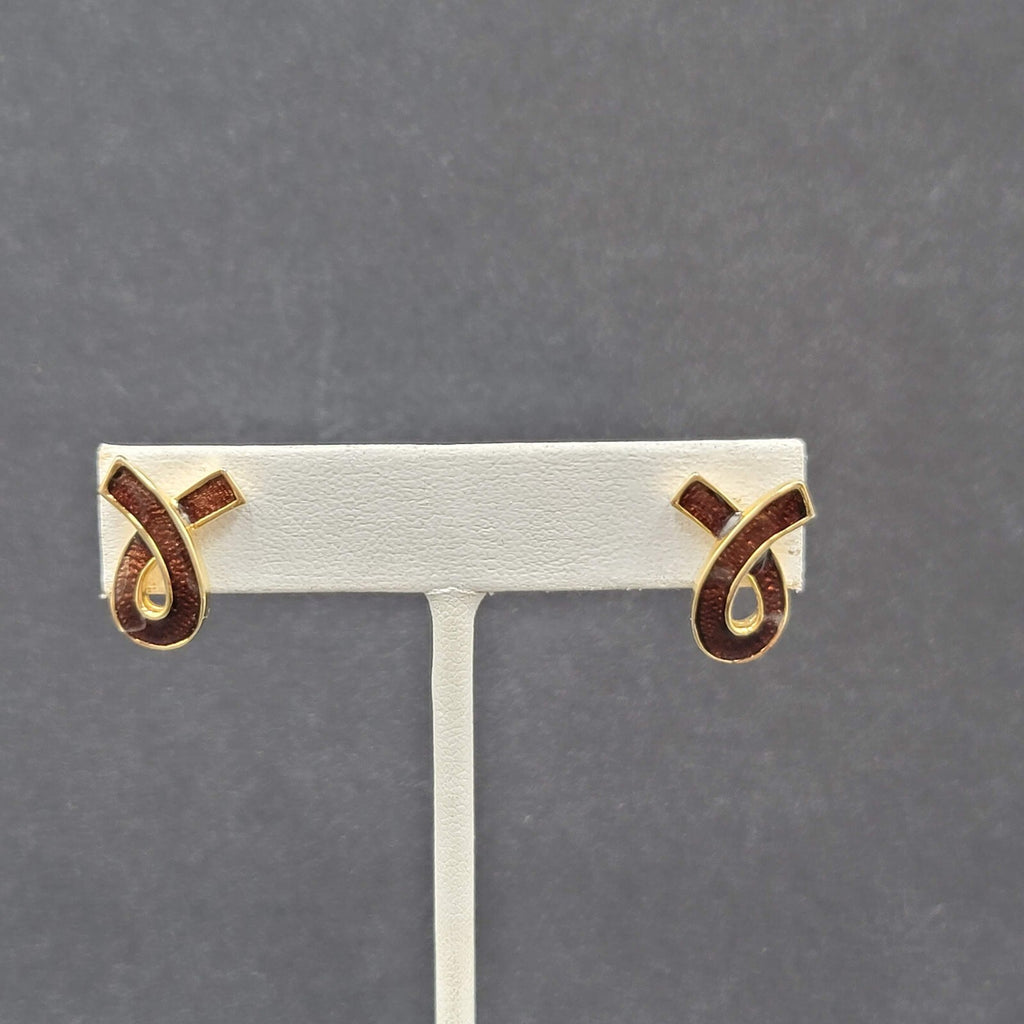 Vintage Pierced Earrings Gold tone Brown Enamel Ribbon Swish Studs 3/4"
