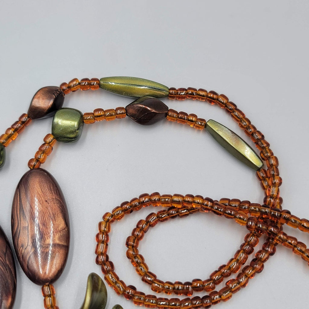 Tassel Bead Necklace Brown Green Resin and Glass Seed Beads 32"
