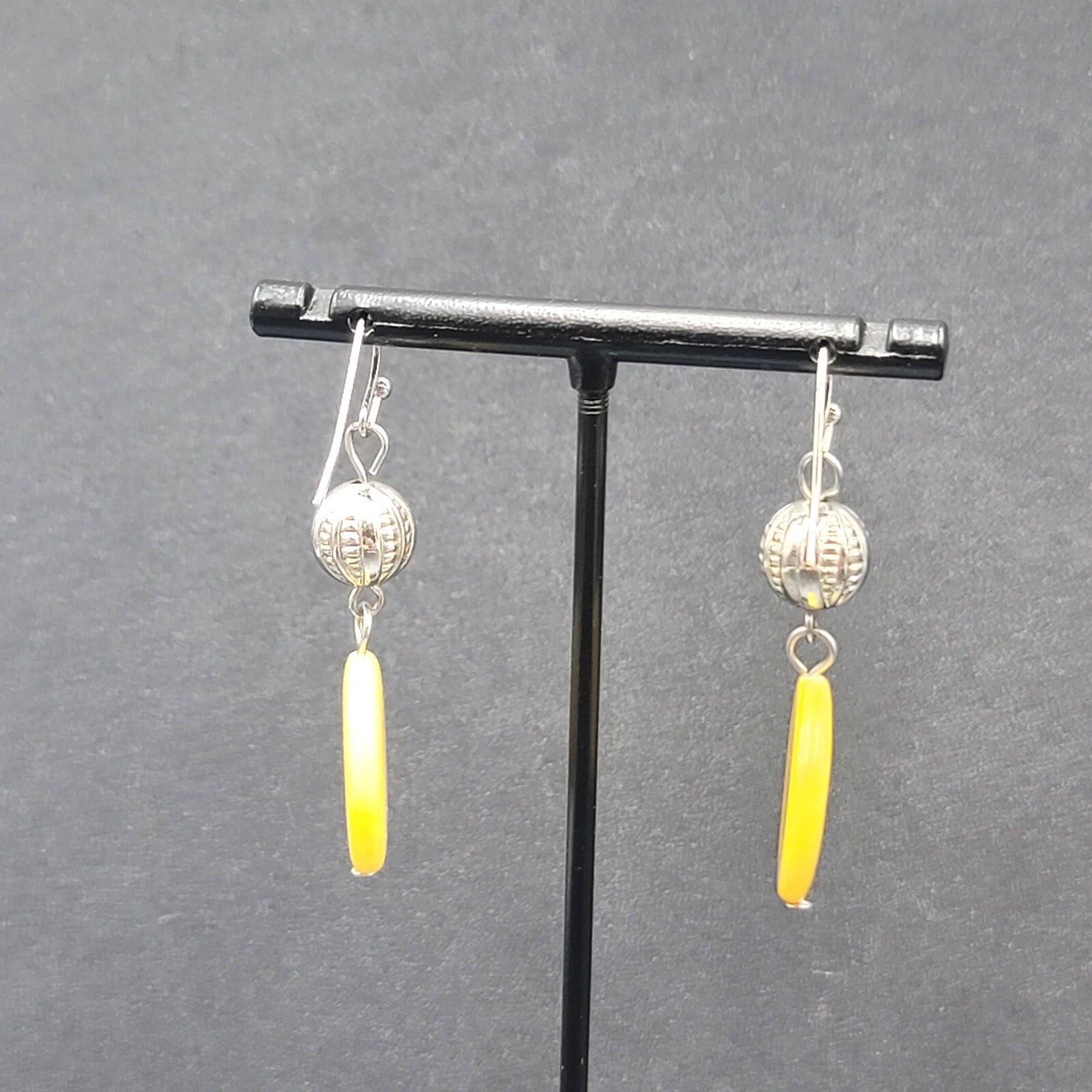 Pierced Earrings Silver tone Yellow Shell Round Bead 1.5"