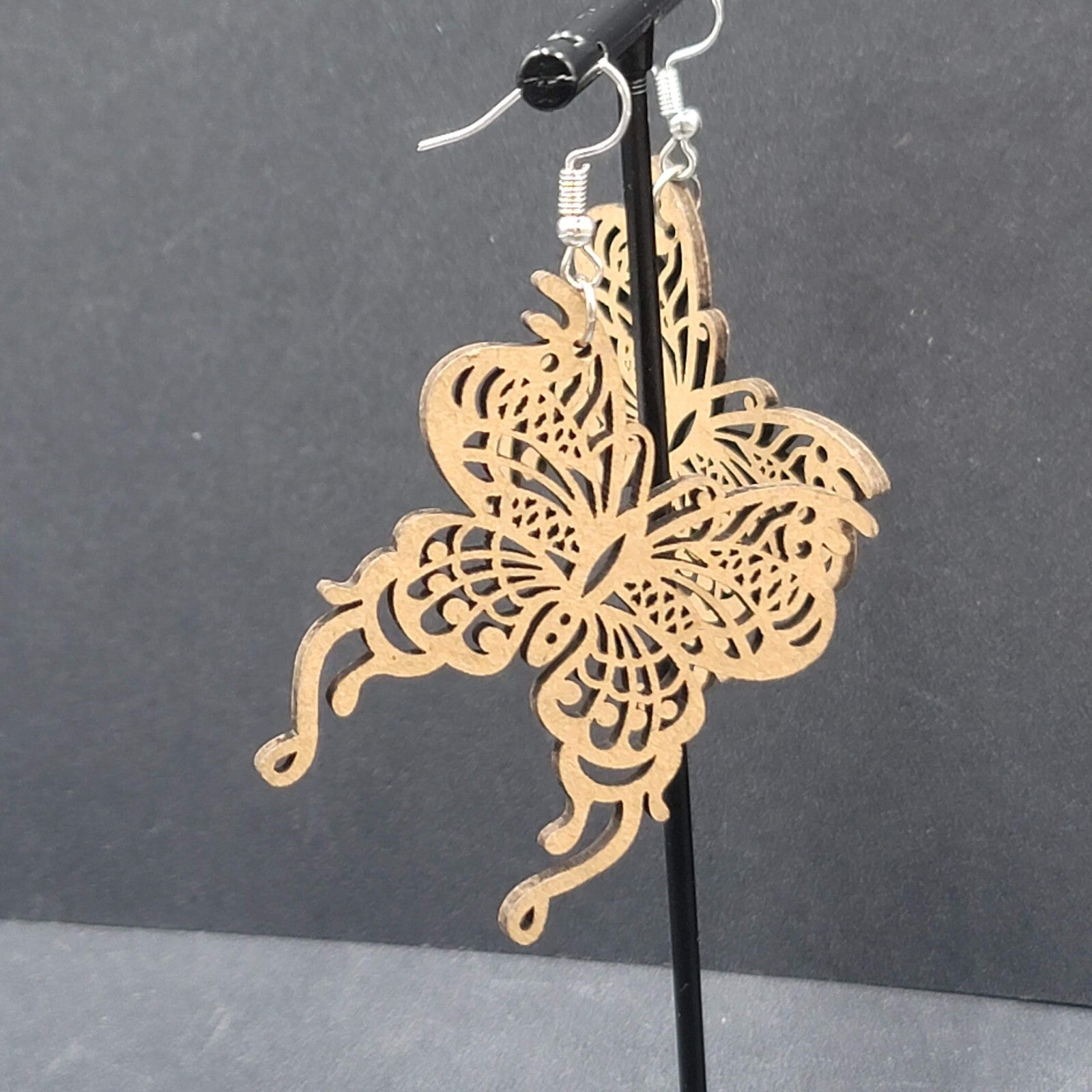 Butterfly Pierced Earrings Laser Cut Wood Dangle Statement 1.75"
