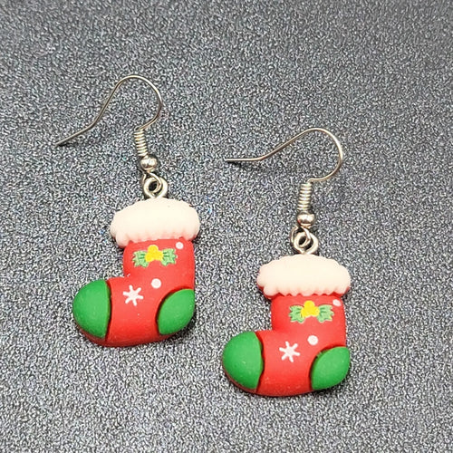 Christmas Stocking Pierced Earrings Puffy 3D Dangle 1 1/8"