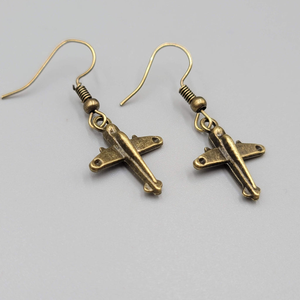 Airplane Pierced Earrings Bronze tone Dangle NEW 3/4"