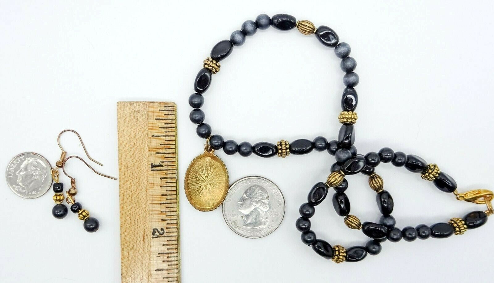 Unicorn Pendant Black Glass and Plastic Beaded Necklace Pierced Earring Set