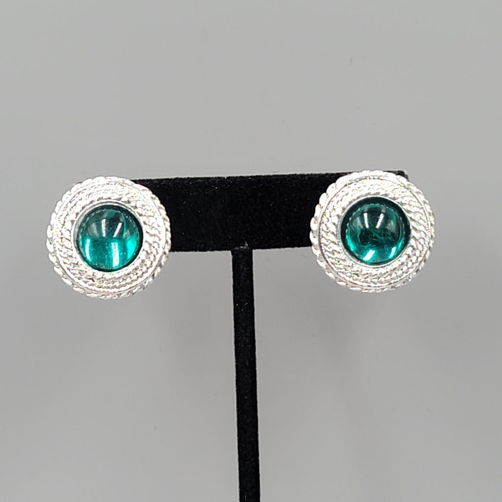 Vintage Pierced Earrings Silver tone Green Moon glow Cabochon 7/8"