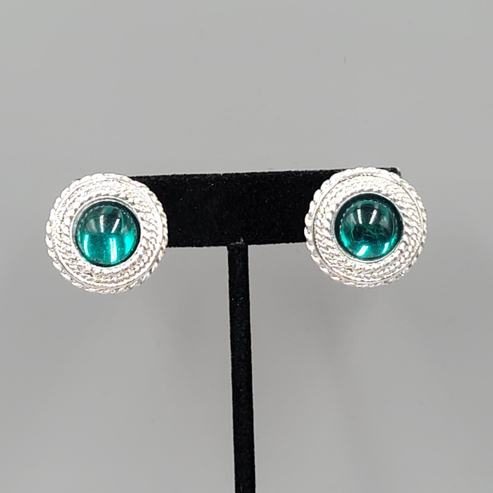 Vintage Pierced Earrings Silver tone Green Moon glow Cabochon 7/8"