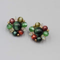Vintage Cluster Bead Clip on Earrings Gold tone Red Green 3/4"
