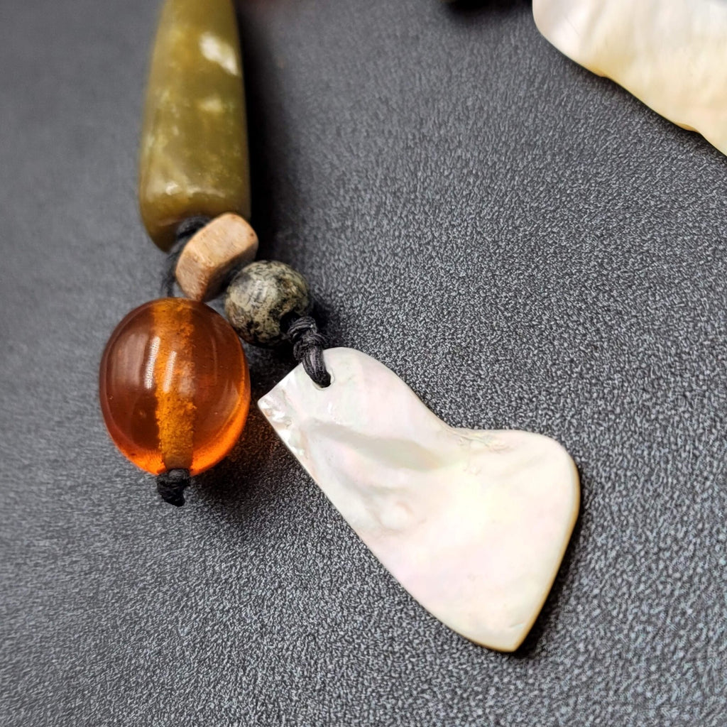 Necklace Glass Bead Shell Gemstone Bead on Black Cord 21"