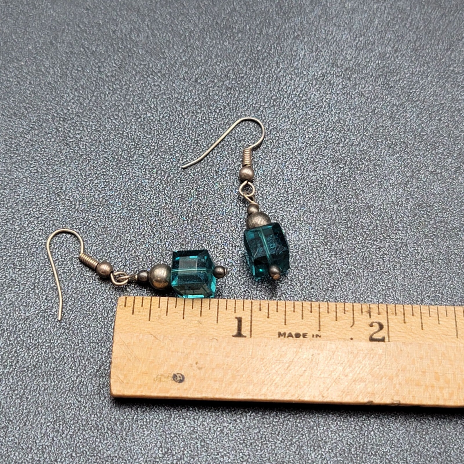 Pierced Earrings Silver tone Square Blue Crystal Bead Dangle 7/8"